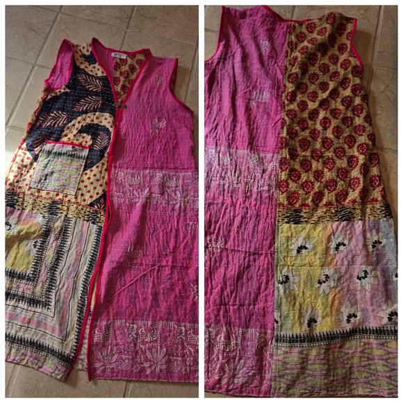 Upcycled Kantha Quilt Long Vest L-XL Handmade Dont Throw It Out - Picture 3 of 5
